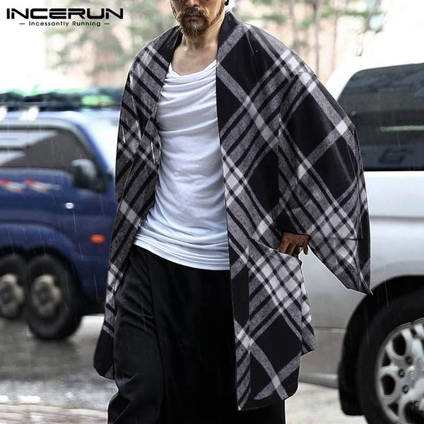 

men's trench coats men plaid open stitch long sleeve cardigan vintage kimono streetwear 2021 autumn casual outwear s-5xl incerun, Tan;black