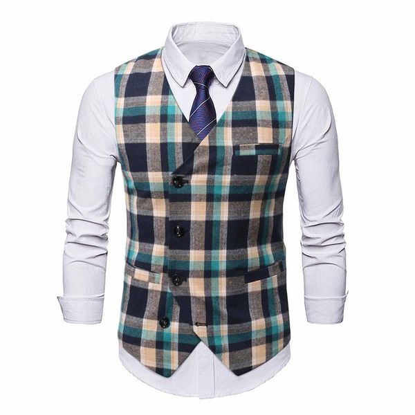 

men's vests casual plaid single breasted social vest pocket sleeveless jacket v-neck suit business waistcoat men clothes, Black;white