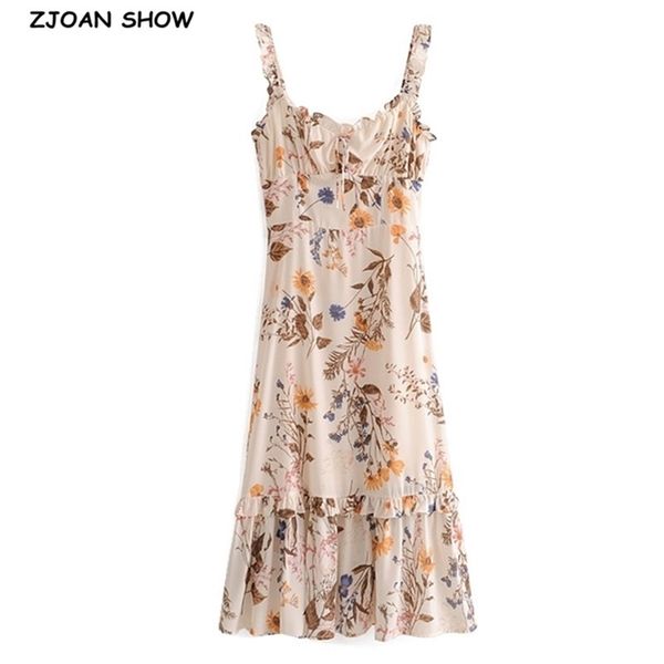 

french women dress wood ears v neck floral print elastic spaghetti strap mid-calf dresses party fashion female clothes 210429, Black;gray