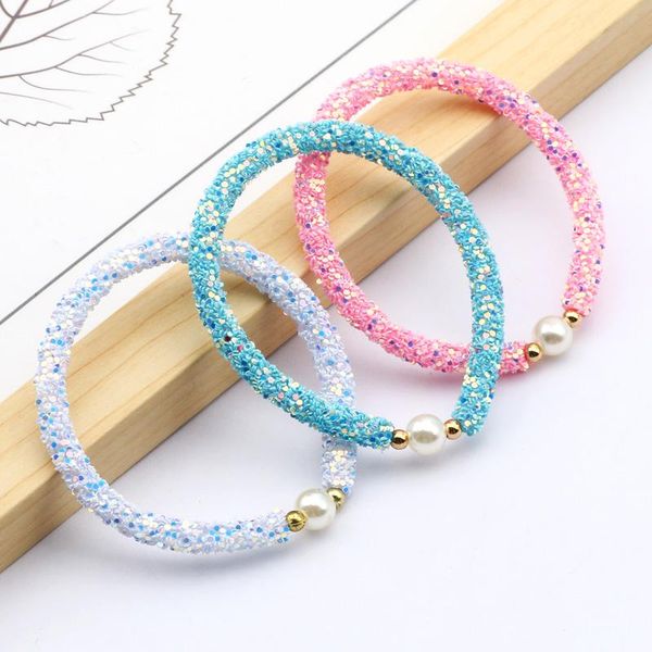 

charm bracelets wholesale 3pcs cute round acrylic imitation pearl plastic elastic bracelet fashion women children jewelry gift 17mm, Golden;silver