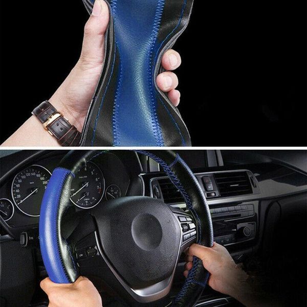 

steering wheel covers 15 inch cover accessory black+blue car diy leather parts
