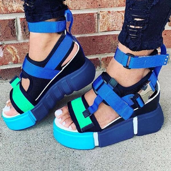 

women open toe platform sandals fashion beach outdoor casual splicing color block 2021 summer ankle strap wedge shoes 20 dress, Black
