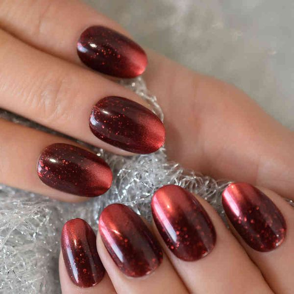 Falsos Unhas Retro Retro Vermelho Vermelho Falsos Unhas Médio Comprimento Oval Press em Dicas Glitter Galaxy Arte com fita adesiva 220225