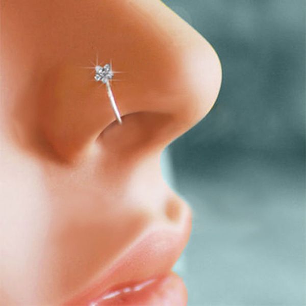 

plum flower rhinestone nose stud hoop sparkly nose ring body piercing, Silver