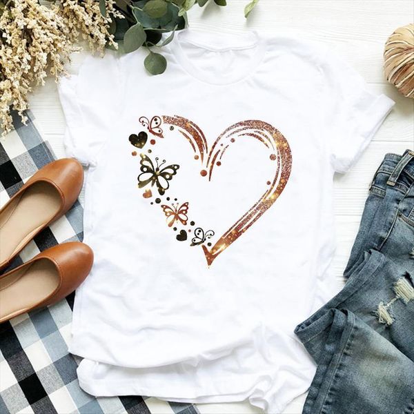 

butter heart printed womens t shirts short sleeve loose tee clothes graphic, White