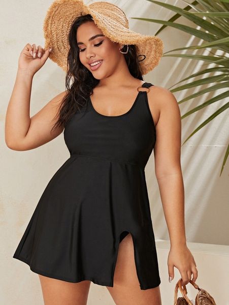 

plus ring linked high waisted swim dress m9ey#, Black