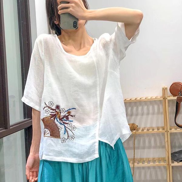 

women's blouses & shirts retro shirt women 2021 summer loose casual pullovers blouse ladies o-neck short sleeve embroidery irregular, White