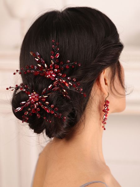 

bohe red black bridal headwear crystal hair pin and earrings set bride hair jewelry hat female wedding hair accessories, Silver