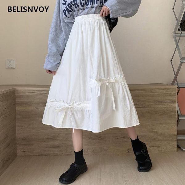 

bow folds skirt for women high waist mid-calf a-line solid white saias spring summer elegant kawaii japanese preppy girls skirts, Black