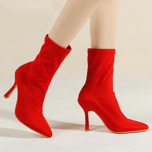 

boots female pumps socks shoes women ladies pointed toe thin high heel elastic fabric ankle 2021 autumn, Black