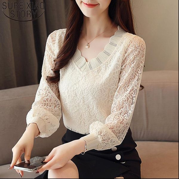 

womens shirt autumn korean style casual lace women blouses long sleeve v neck elegant clothing 5958 50, White