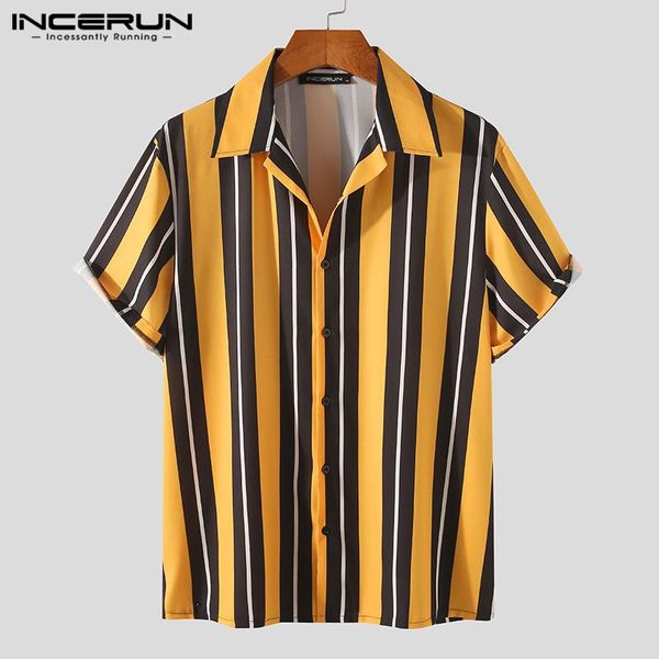 

fashion men casual striped shirt short sleeve turn down collar camisas summer streetwear beach hawaiian shirts s-3xl incerun men's, White;black