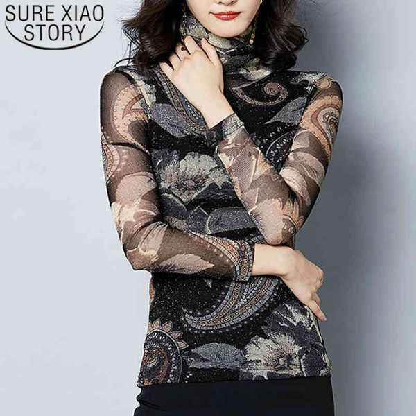 

mujer de moda spliced floral office lady plus size blusas women long sleeve shirts turtleneck printing 7697 50 210415, White