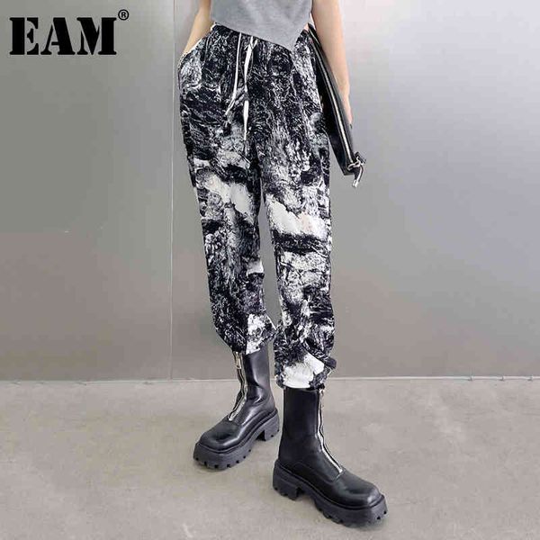 

[eam] high elastic waist black pattern printed long harem trousers loose fit pants women fashion spring summer 1dd8424 21512, Black;white