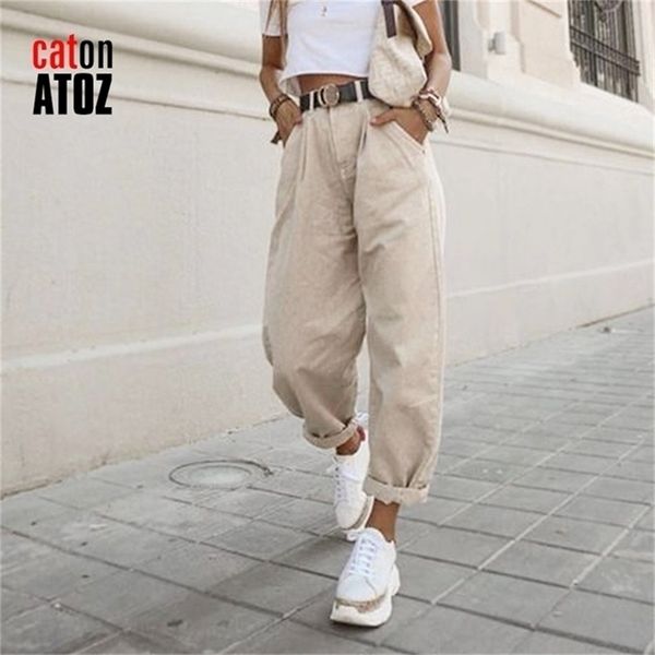 CatonATOZ 2248 Khaki Weibliche Cargohose Hohe Taille Harem Lose Jeans Plus Größe Hosen Frau Casual Streetwear Mom 210809