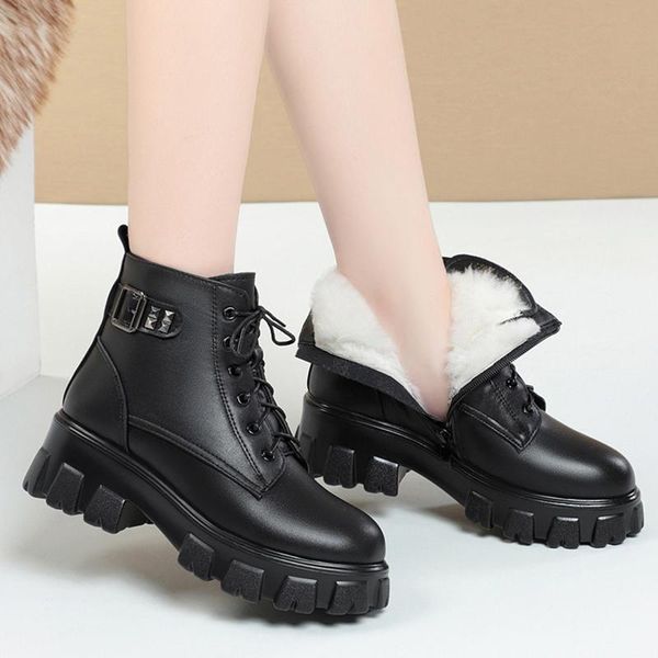 

boots women leather ankle shoes high fashion winter warm snow motorcycle black couple large size 43