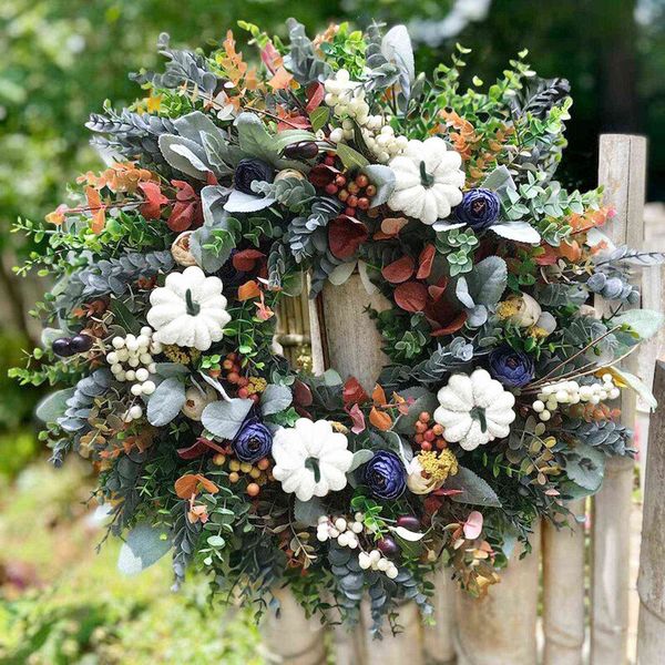 Herbst handgemachte weiße Kürbisse Ranunkeln Kranz für Haustür hängen Ornament Thanksgiving Weihnachten Home Decor Guirnalda H1020