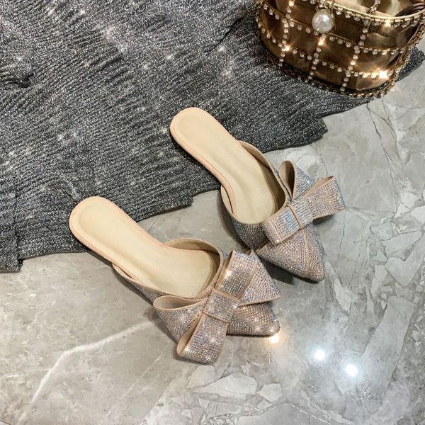 

slippers pointed toe half big size female summer wear fashion rhinestone with bow woman lazy flat sandals casual shoes, Black