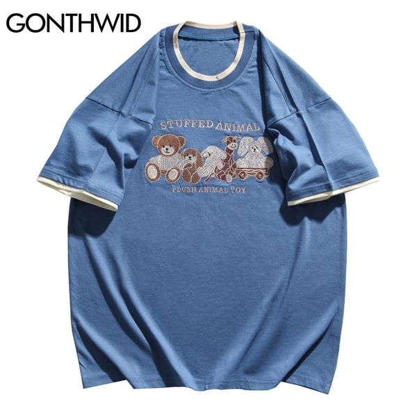 

t-shirts harajuku embroidery animal bear rabbit toy tshirts streetwear hip hop tees fashion casual short sleeve 210602, White;black