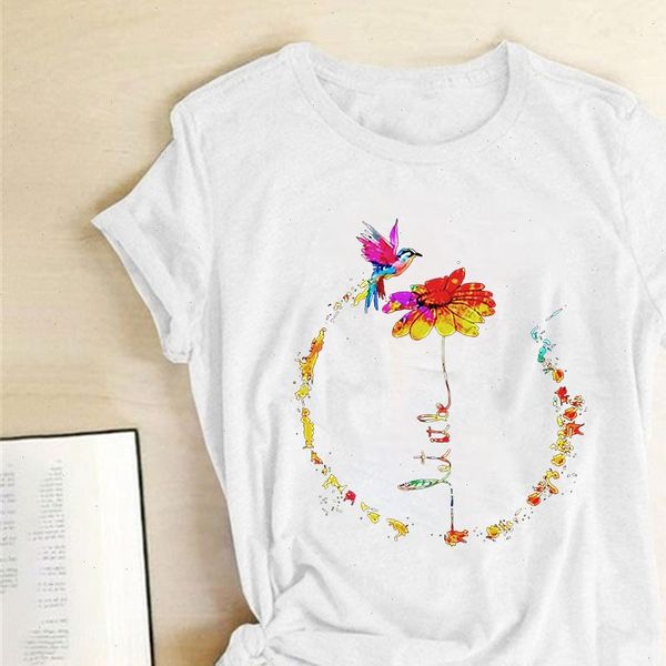 

bird sunflower print summer women t shirt aesthetic clothes harajuku short sleeve graphic tee streetwear femme, White