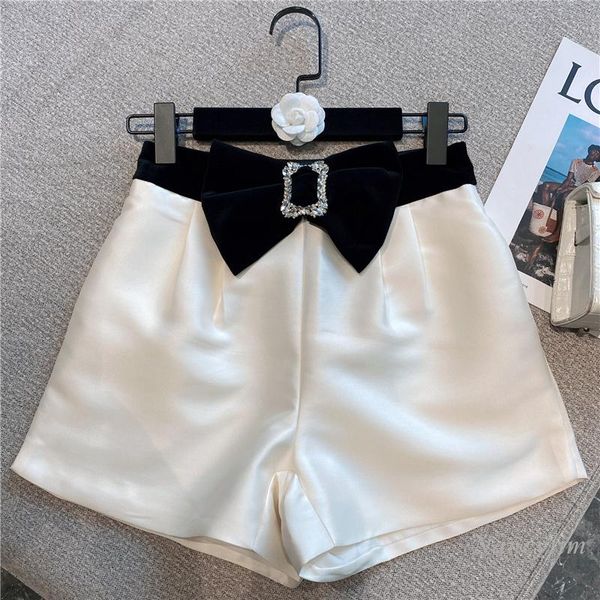 

women's shorts 2021 autumn rhinestone bow gold velvet belt pearl satin high waist a- line short office lady clothing, White;black