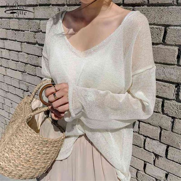 

blusas spring summer autumn thin women blouse v-neck pullover solid korean loose sunscreen lady clothes 210421, White