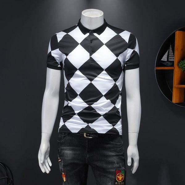 

men's t-shirts shirt short sleeve with diamond print, british summer fashion, a fine lapel, 4xl, 7sha, White;black