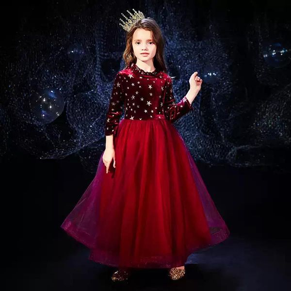 

flower girl dresses illusion sequined full o-neck princess knee-length tulle lace luxury burgundy lovely kids party gown h459 girl's, Red;yellow