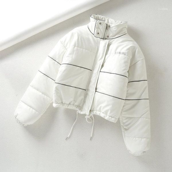 

bn741-100 european and american style women's reflective strip short high waist stand collar cotton padded clothes1, Black