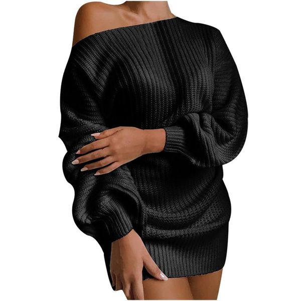 

casual dresses fashion off-the-shoulder lantern sleeve knit sweater mini for women autumn winter black dress ropa de mujer robe, Black;gray