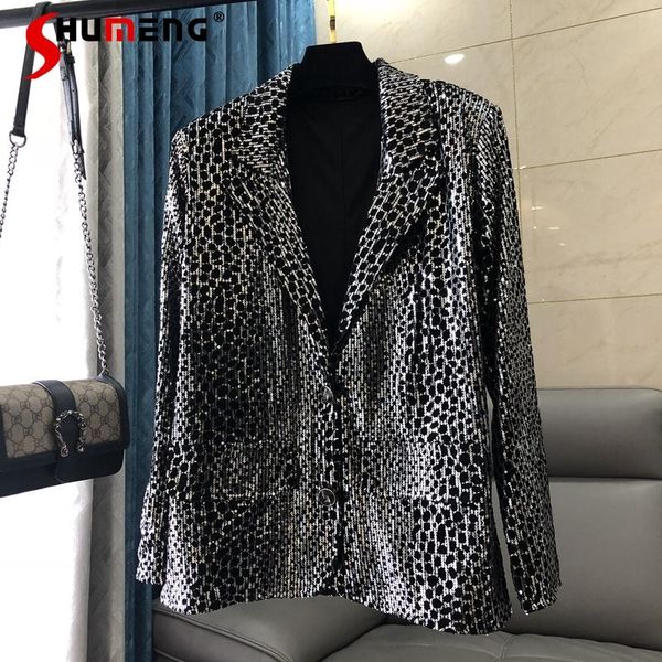 

women's suits & blazers 2021 early autumn leopard print long sleeve ladies fashion sequined flocked printed shiny slim fit suit coat, White;black