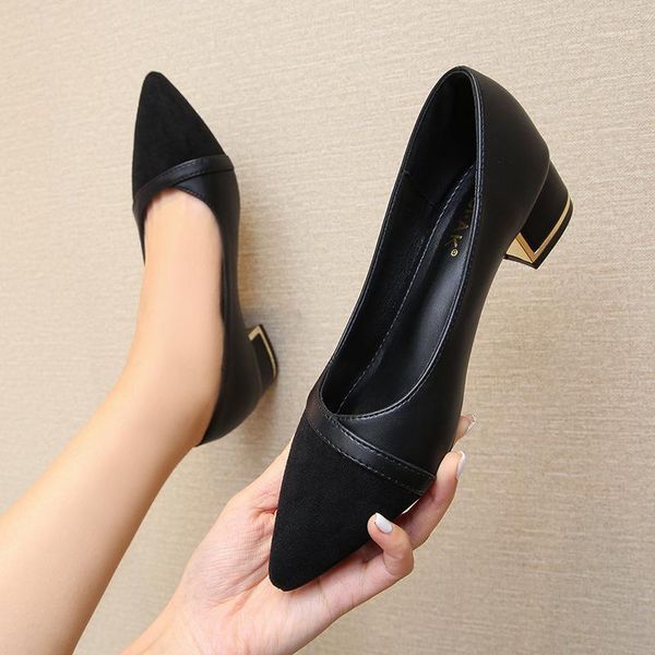 

dress shoes leather and suede patchwork pumps women pointed toe metal chunky heels ladies med-high working plus size 431, Black