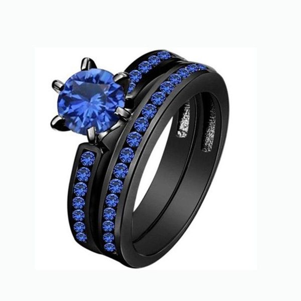 

wedding rings 2pcs/set blue rhinestone zircon black gold color ring for women party set fashion elegant jewelry size 6-9, Slivery;golden