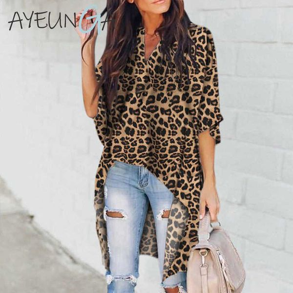 Lässige V-Ausschnitt Mode Frauen Blusen Leopardenmuster Unregelmäßige Damen Tops und Blusen Halbarm Chiffon Vintage Damen Tops 210721