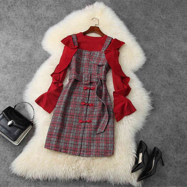 

casual dresses european and american women's wear winter style long-sleeved flapped sweater strapless plaid dress fashion two-piece mbf, Black;gray