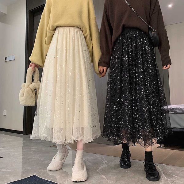 

skirts star bling bright summer long women elastic waist korean casual ankle-length sweet vintage mesh skirt harajuku loose z338 k, Black