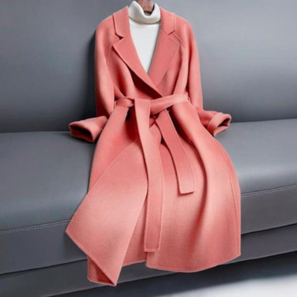 

women's wool & blends autumn winter women woolen coat with belt long sleeve turn down collar warm plus size casual ladies jacket, Black