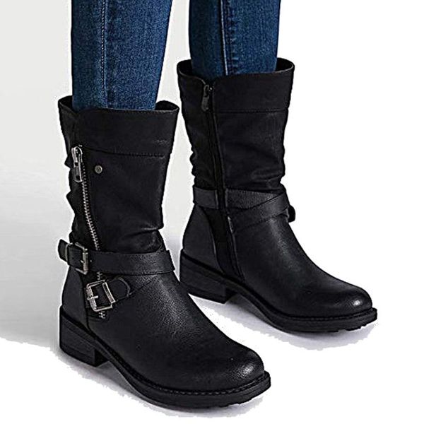 

boots 2021 autumn/winter women pu leather mid calf double zip buckle belt round head classic retro motorcycle, Black