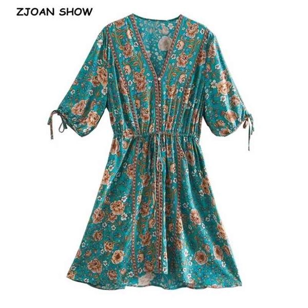 

green contrast color floral print summer boho dress holiday woman lace up adjust waist button short sleeve mini dresses beach 210429, Black;gray