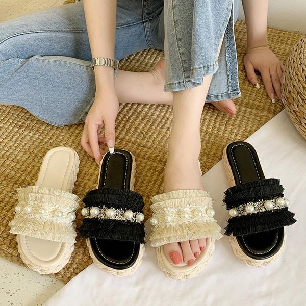 

slippers casual beach shoes slipers women slides string bead luxury sabot 2021 flat pu basic rubber female summer clo, Black