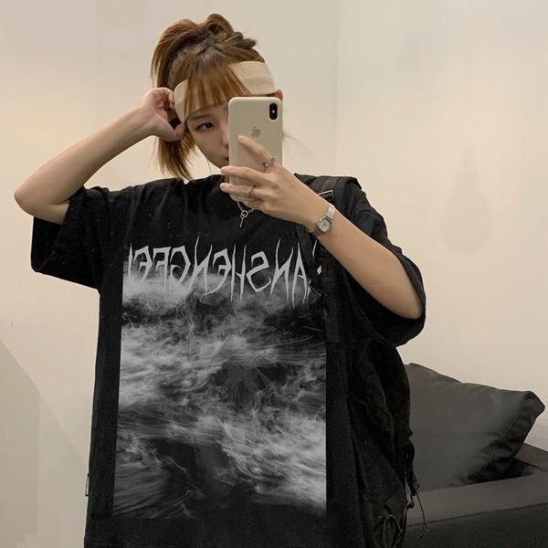 

high street hip hop dark black asian style short t-shirt women's fashion brand super fire half sleeve loose summer, White;black