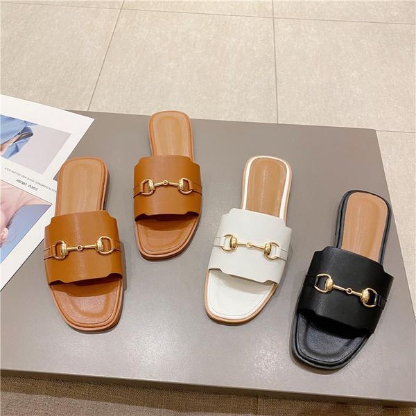 

slippers women flat 2021 summer fashion square toe metal heels sandals indoor home outdoor beach slides ladies casual shoes, Black