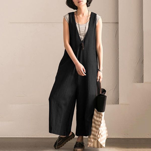 

women's jumpsuits & rompers wide leg trouser women vintage bib overalls sleeveless strappy solid loose pants plus size, Black;white