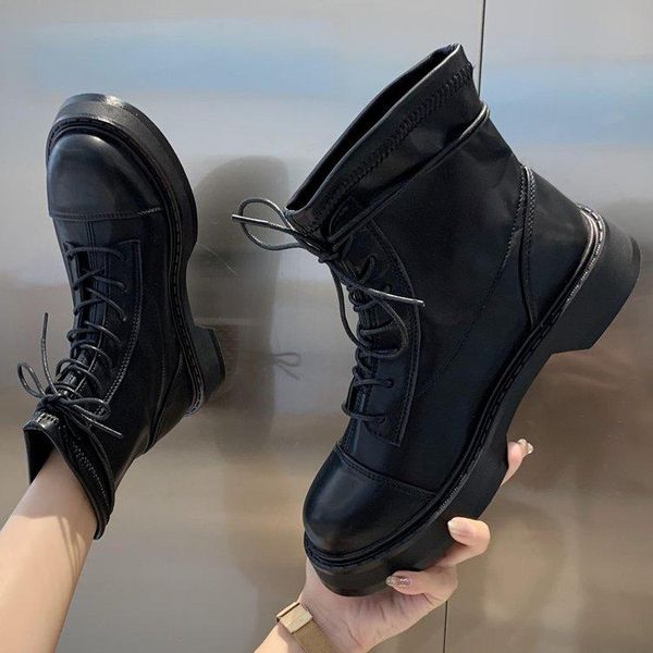 

boots women black pu leather ankle autumn winter ladies round toe lace up fashion motorcycle platform botas de mujer 35-40