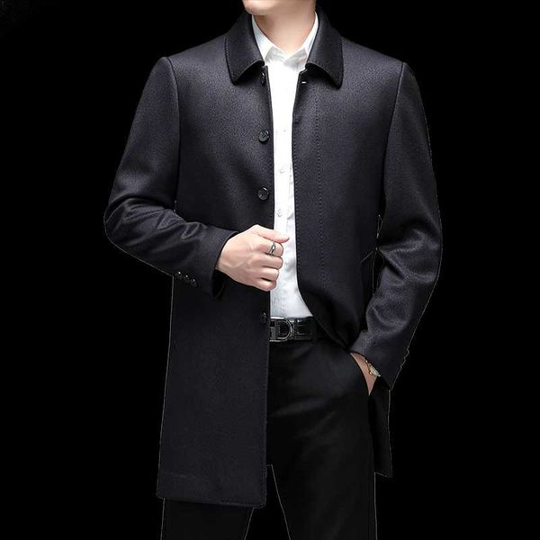 

men's wool & blends middle-aged and elderly jacket thin dad spring autumn lapel business casual coat, Black