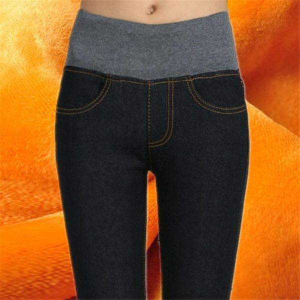 

women's jeans 2021 winter warm for women thick pants female stretch elastic fashion high waist femme denim skinny trousers, Blue