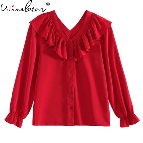 

women's blouses & shirts ruffles woman chiffon 2021 autumn v-neck long flare sleeve women fashion single-breasted all match t07906k, White