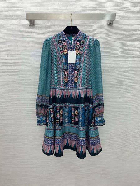 

designer dresses 2021 autumn stand collar long sleeve panelled print fashion milan runway brand same style dress 0809-16, Black