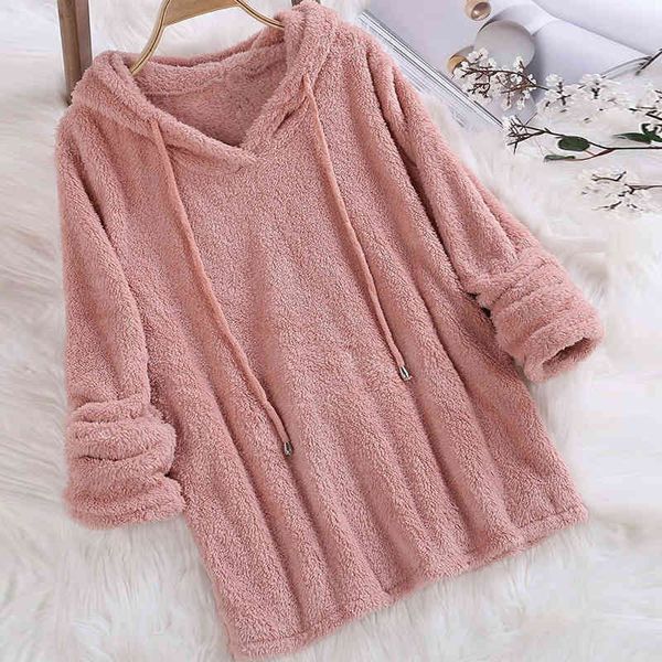 Outono Inverno Longa manga Plush Hoodies Mulheres Azul Rosa Branco Branco Hoodies macias Flannel Pullover Pijama Hot Hoodie Tops Plus Size 210507