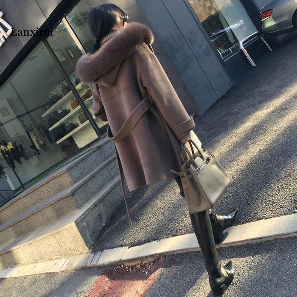 

women's wool & blends women tweed coat with pocket belt hoodied long sleeve jacket femme casual elegant warm winter outwear, Black